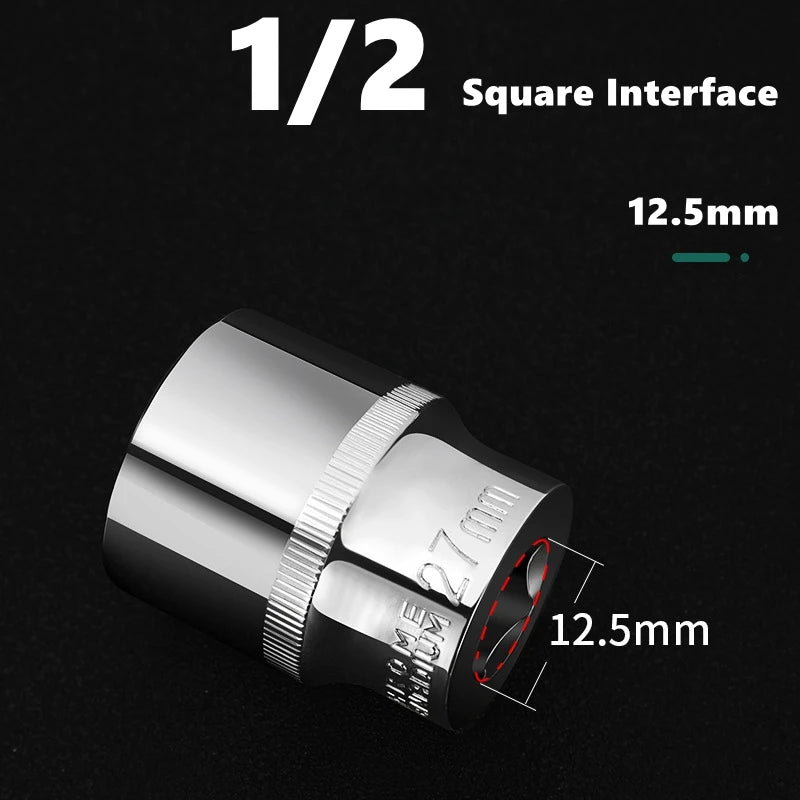 A close-up view of a chrome-vanadium steel socket interface with a 1/2 square drive and a 12.5mm dimension marker.