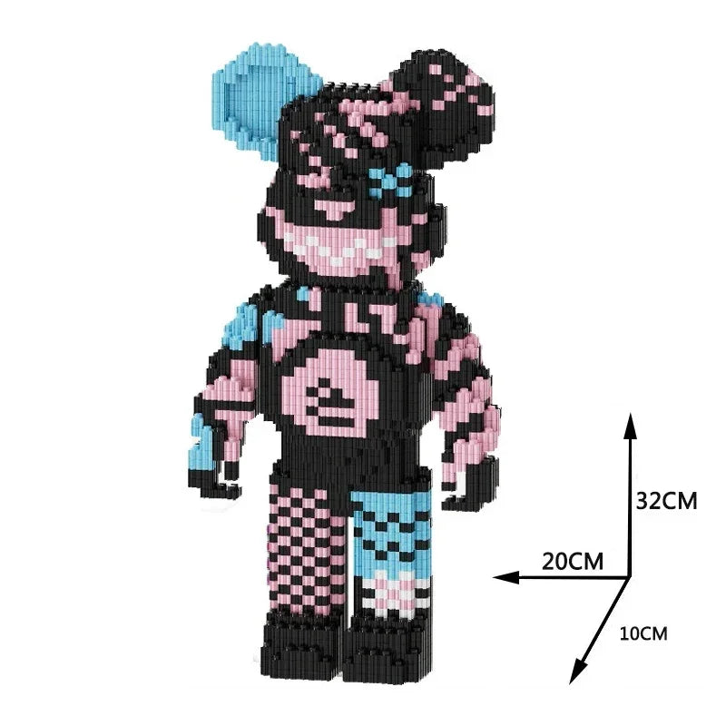 A black and pink mini angry bear LED building block set with blue accents.