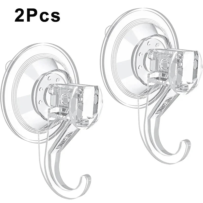 Two clear heavy-duty suction cup hooks for hanging items on shower, window, or door surfaces