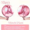A set of ten metallic pink round foil balloons being held by hands, demonstrating the inflation and crease-free effect.