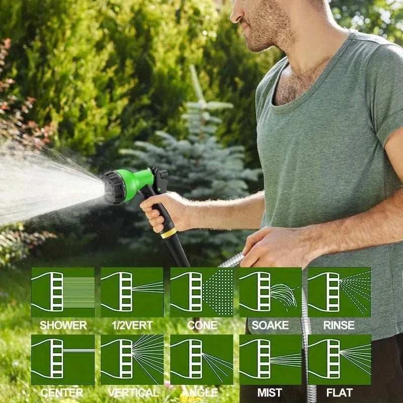 A man sprays water using an 8-mode high-pressure garden water nozzle, demonstrating various spray patterns like shower, cone,
