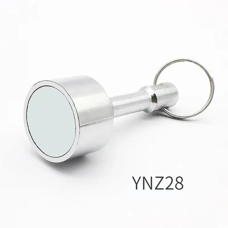Silver neodymium magnet keychain with a circular head and detachable metal clasp.