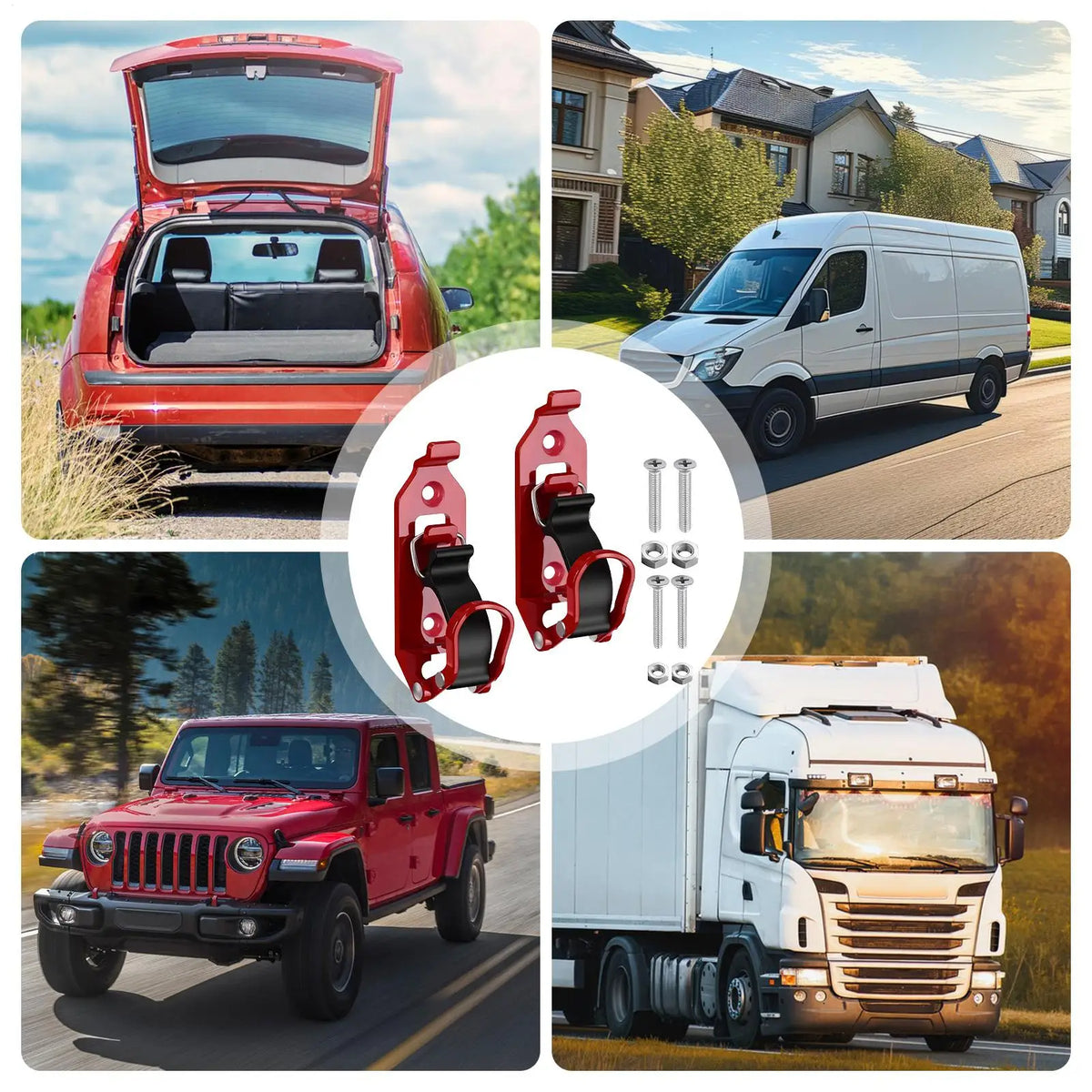 Various views of a heavy-duty quick release shovel holder for roof rack or wall mounted on a red truck and white van.