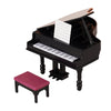 A black 1:12 scale dollhouse piano with a lid open and a pink bench beside it.