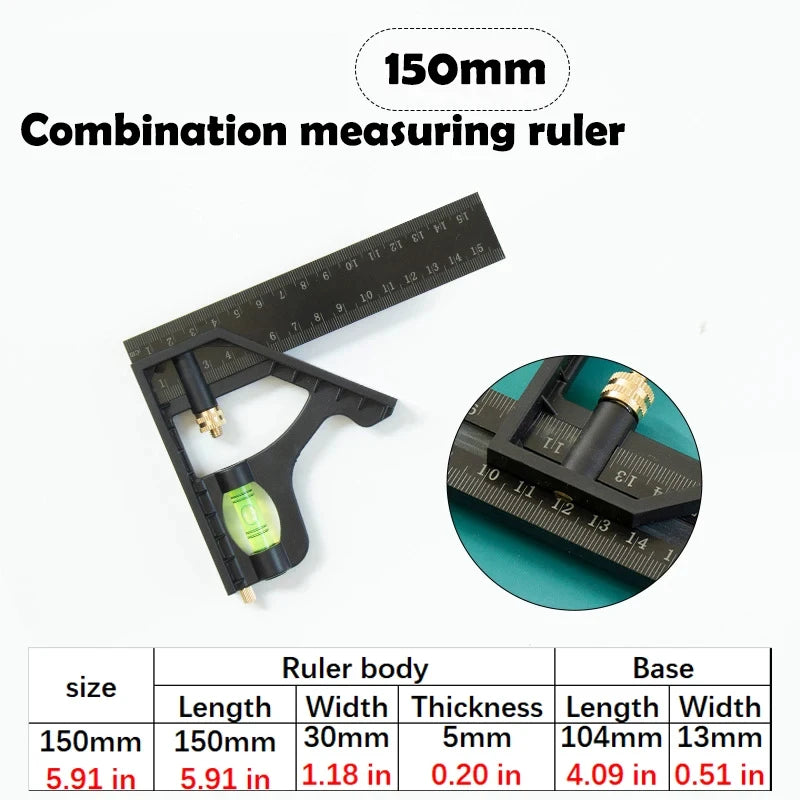 Combination measuring ruler showing dimensions for a 150mm ruler body and base.