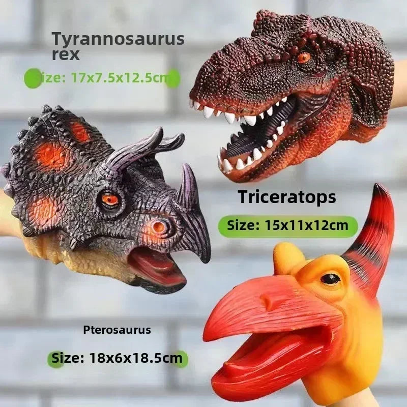 A collection of realistic dinosaur hand puppets including Tyrannosaurus rex, Triceratops, and Pterosaurus.