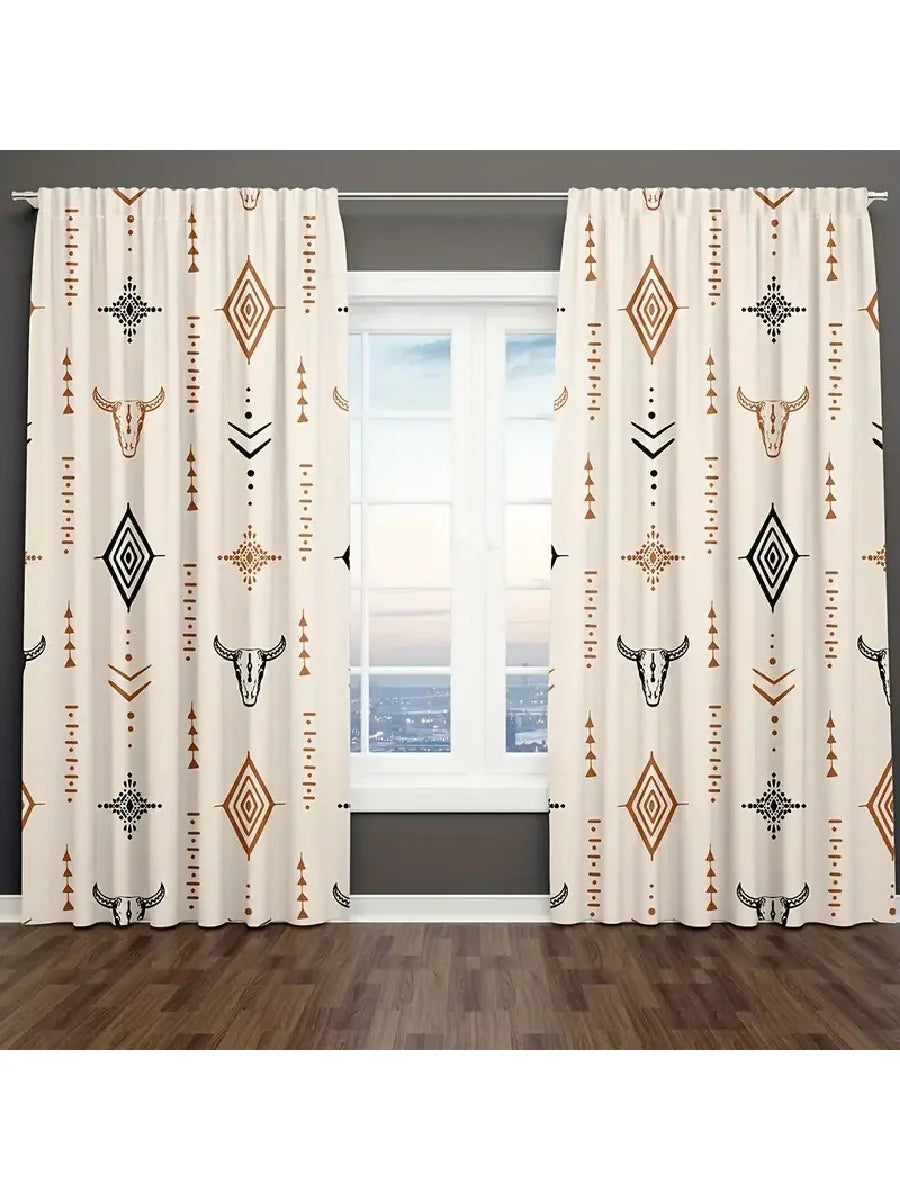 Light filtering window panels featuring a beige background with brown and black tribal bull skull patterns.