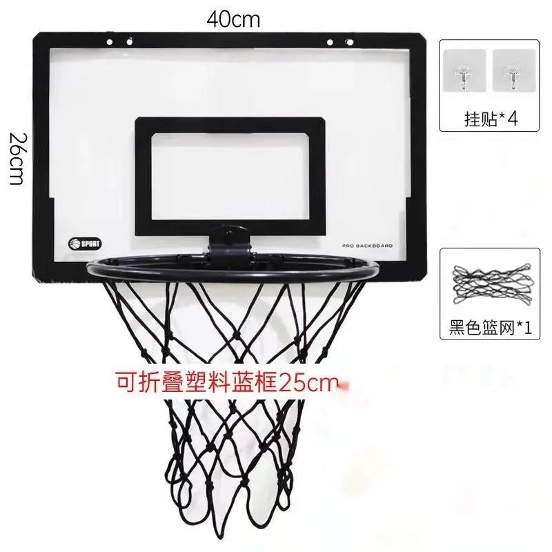 A portable mini basketball hoop set with a black backboard, net, and four mounting screws.