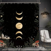 A shower curtain featuring a bold black and white design with crescent and full moon shapes against a dark background.