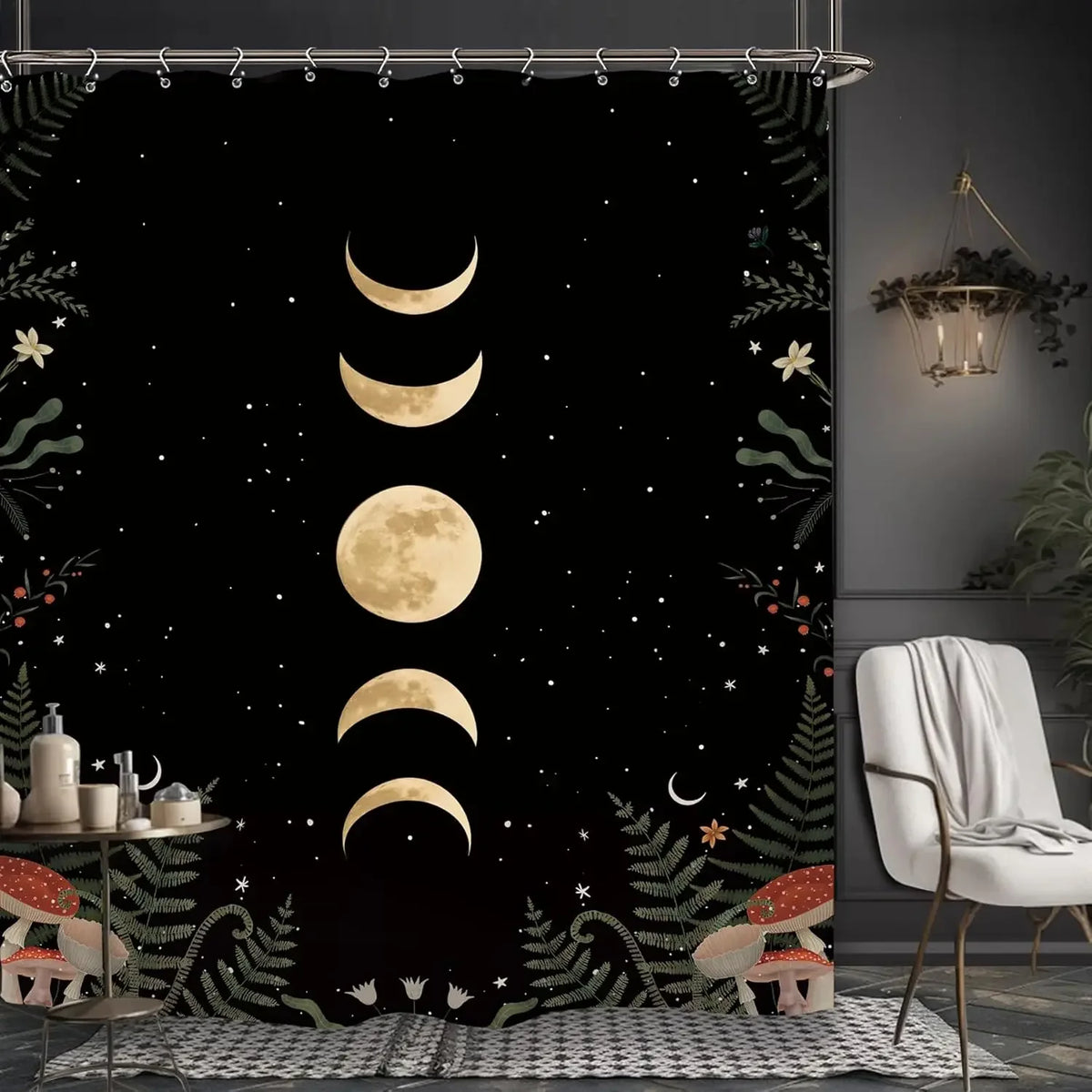 A shower curtain featuring a bold black and white design with crescent and full moon shapes against a dark background.
