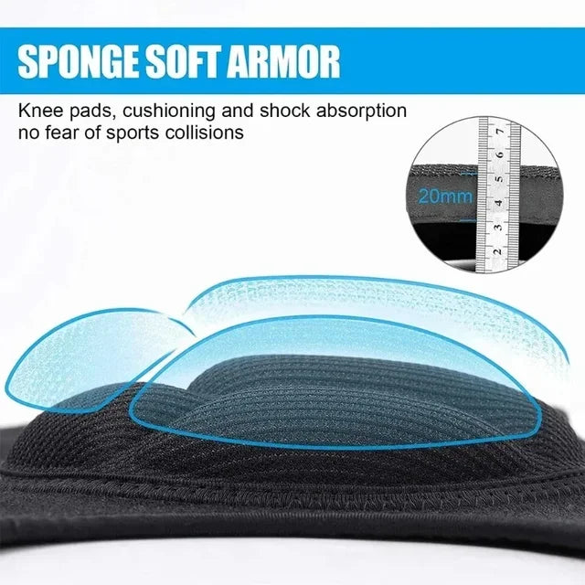 A close-up view of a black sponge soft armor knee pad with a blue cushioning layer.
