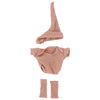 A beige knitted outfit set for a doll including a hat, jumpsuit, and socks.