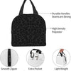 Black leopard print insulated lunch tote bag with durable seams, a smooth zipper, an extra pocket, and light weight.