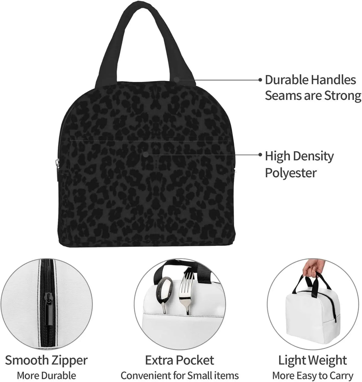 Black leopard print insulated lunch tote bag with durable seams, a smooth zipper, an extra pocket, and light weight.