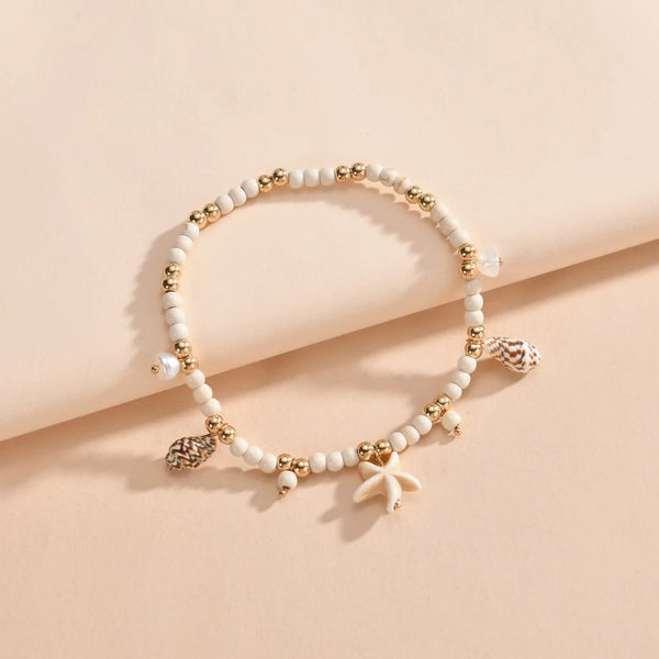 Vintage Layered Stone Anklet with Geometric Pendant