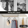 Before and after comparison showing a space-saving hanger for closet organization maximizing storage space.