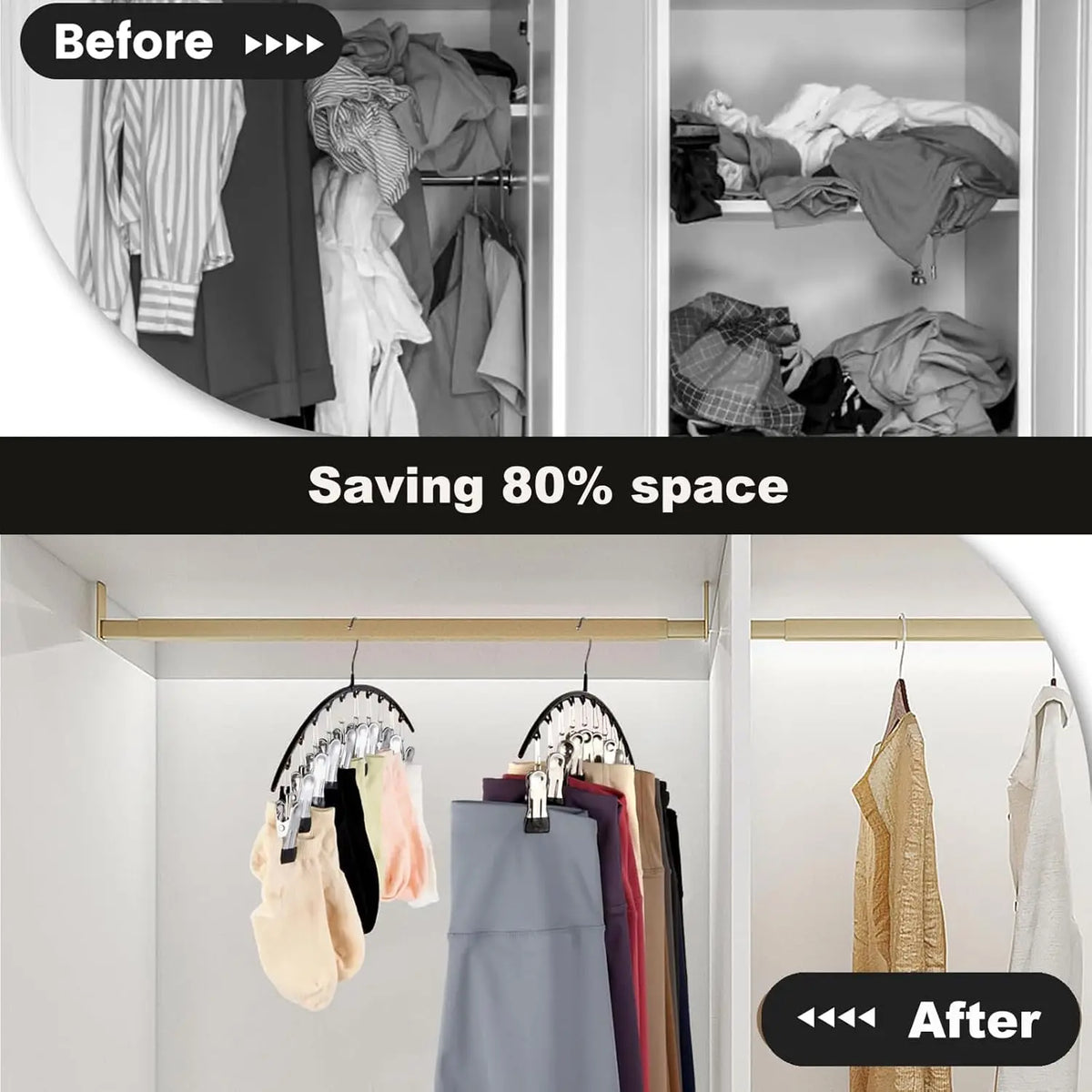 Before and after comparison showing a space-saving hanger for closet organization maximizing storage space.