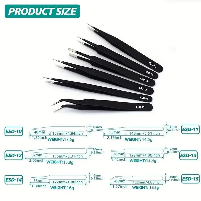 A set of 6 precision anti-static tweezers with various sizes and tips, including ESD-10 through ESD-15.