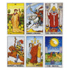 A set of five tarot cards featuring the Knight of Swords, The Hierophant, Knight of Wands, and The Moon.