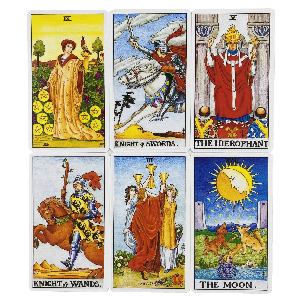 A set of five tarot cards featuring the Knight of Swords, The Hierophant, Knight of Wands, and The Moon.