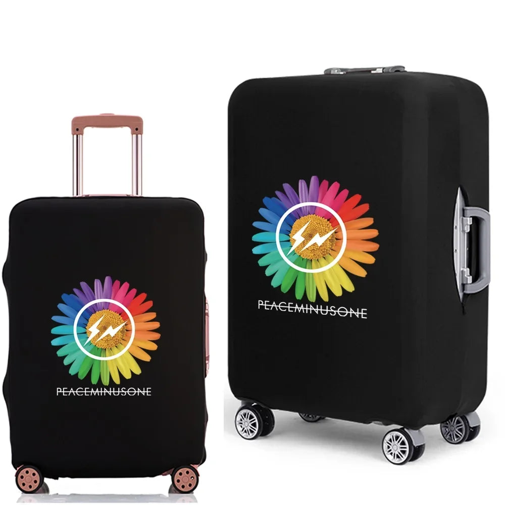 Black rolling suitcase with a circular daisy print design featuring a yellow lightning bolt symbol and the text PEACEMINUSONE
