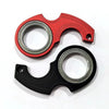 A pair of metal fidget spinners, one red and one black, for stress relief.