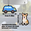 A custom photo car air freshener shaped like a blue car and a dog, with dimensions provided.