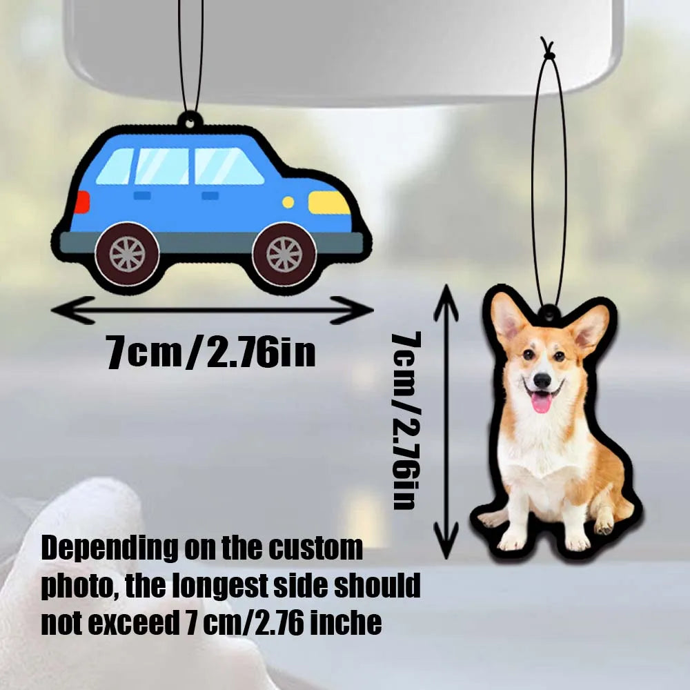 A custom photo car air freshener shaped like a blue car and a dog, with dimensions provided.