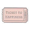 A vintage airline ticket enamel brooch featuring the text Ticket to Happiness and the number 146017.