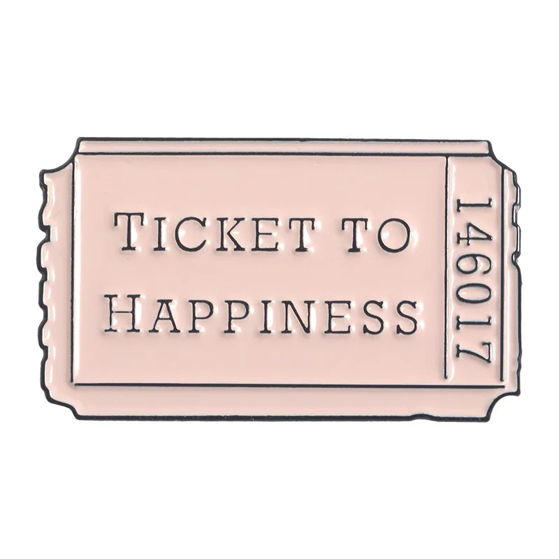 A vintage airline ticket enamel brooch featuring the text Ticket to Happiness and the number 146017.