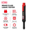 A red digital brake fluid tester device with various indicators for DOT3, DOT4, and DOT5.1 fluids.