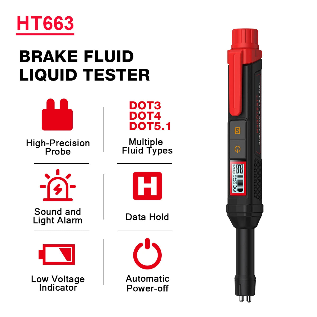 A red digital brake fluid tester device with various indicators for DOT3, DOT4, and DOT5.1 fluids.