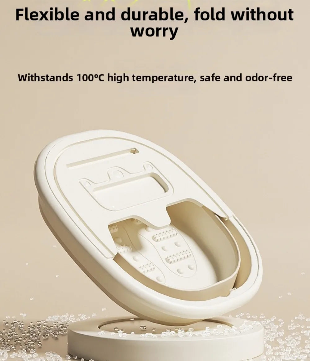 A white foldable foot bath tub with a lid is shown on a stand, demonstrating its flexible and durable design.
