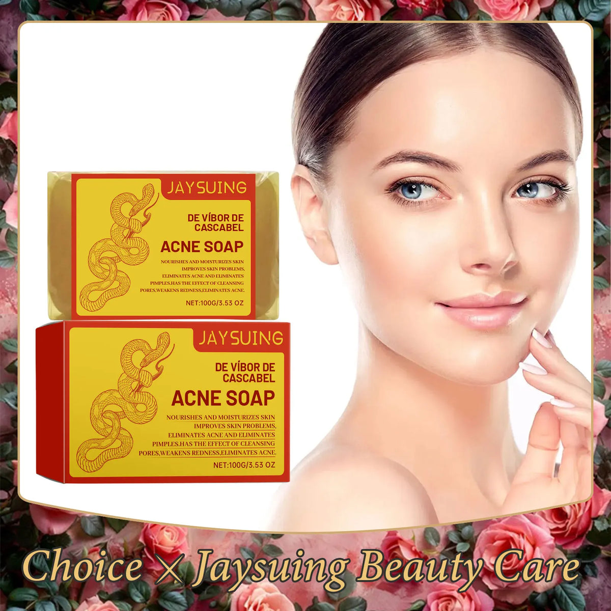 Two bars of Jaysuing Acne Soap are shown next to a woman's face, highlighting beauty care.