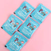 Five individually packaged blue and pink bubble liquid refills for a party kit