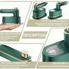 A hand holds a portable handheld garment steamer in a dark green color, highlighting its rotatable handle and heat insulation