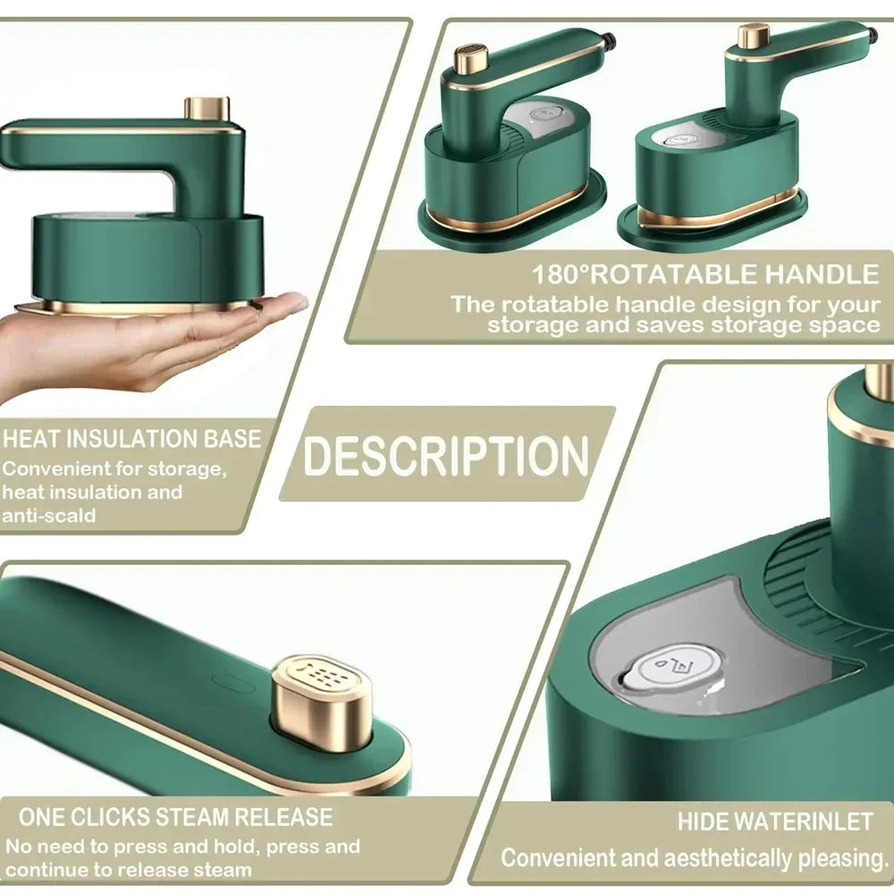 A hand holds a portable handheld garment steamer in a dark green color, highlighting its rotatable handle and heat insulation