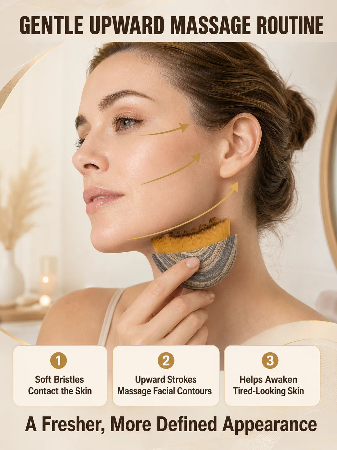 A woman is using a facial massage brush on her face during a gentle upward massage routine.