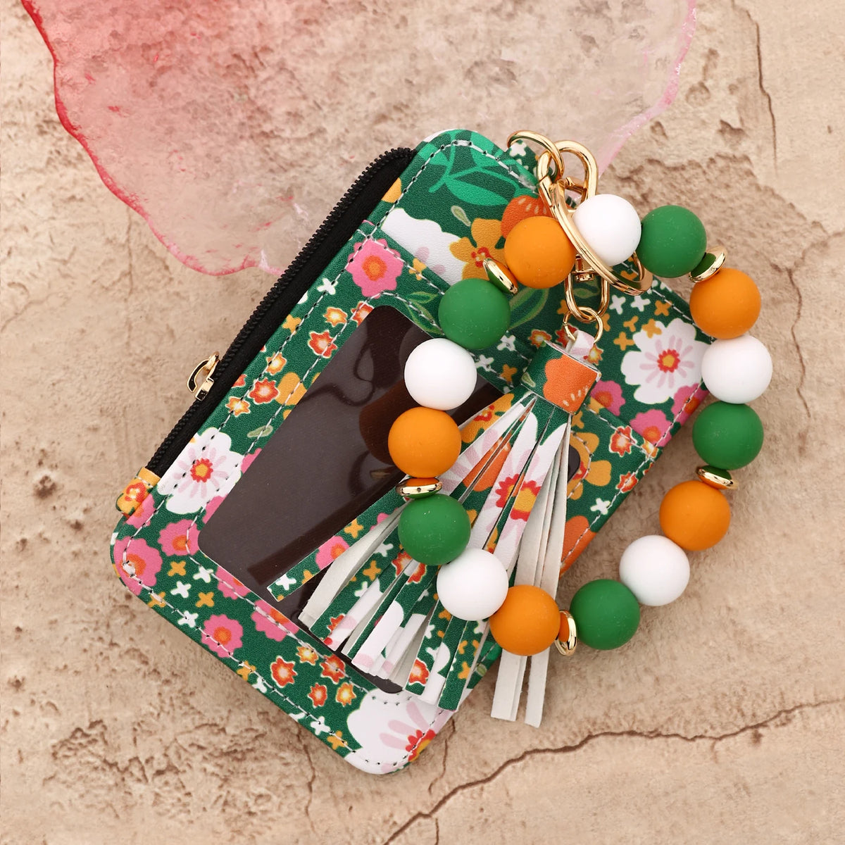 Floral Print PU Leather Wristlet Keychain Wallet with Card Holder