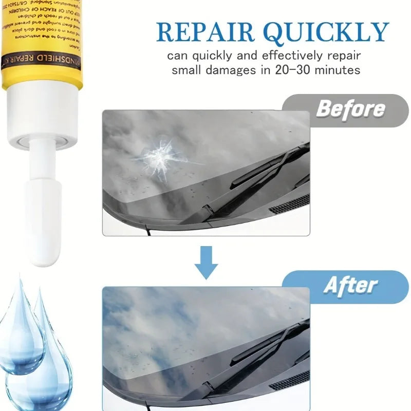 A repair kit is shown with before and after images demonstrating quick repair of a windshield crack.