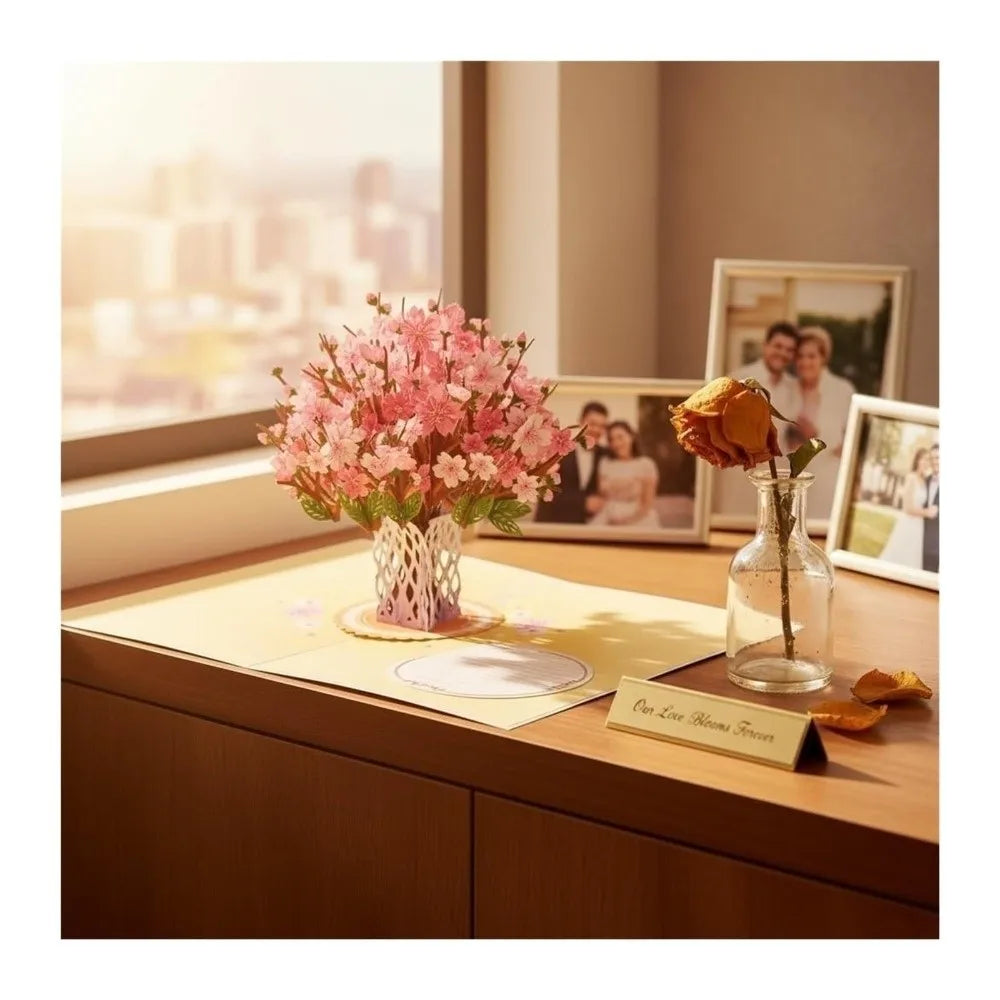A pink cherry blossom bouquet in a glass vase sits on a wooden table next to framed photos.
