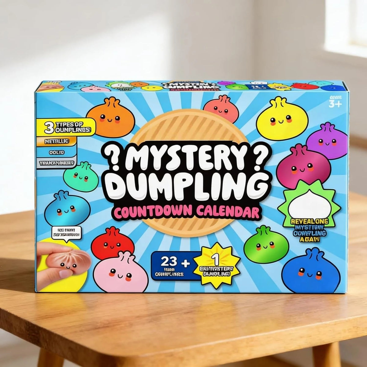 Eine Box mit Geheimnis-Dumplings und einem Countdown-Kalender mit bunten, weichen Dumplings und verschiedenen Themenartikeln.