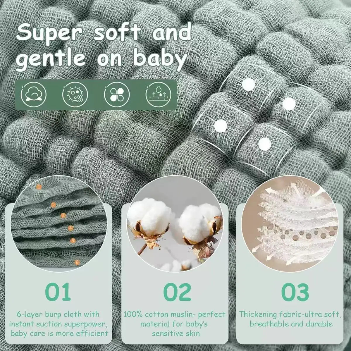 A close-up of soft gray multi-layered cotton muslin baby burp cloths with three feature icons.