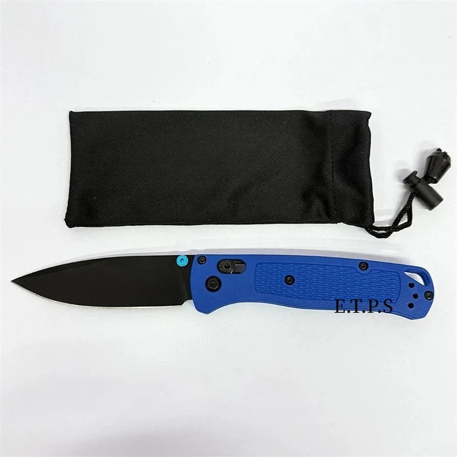A black folding pocket knife with a blue handle and sheath is shown, featuring a drop point blade.