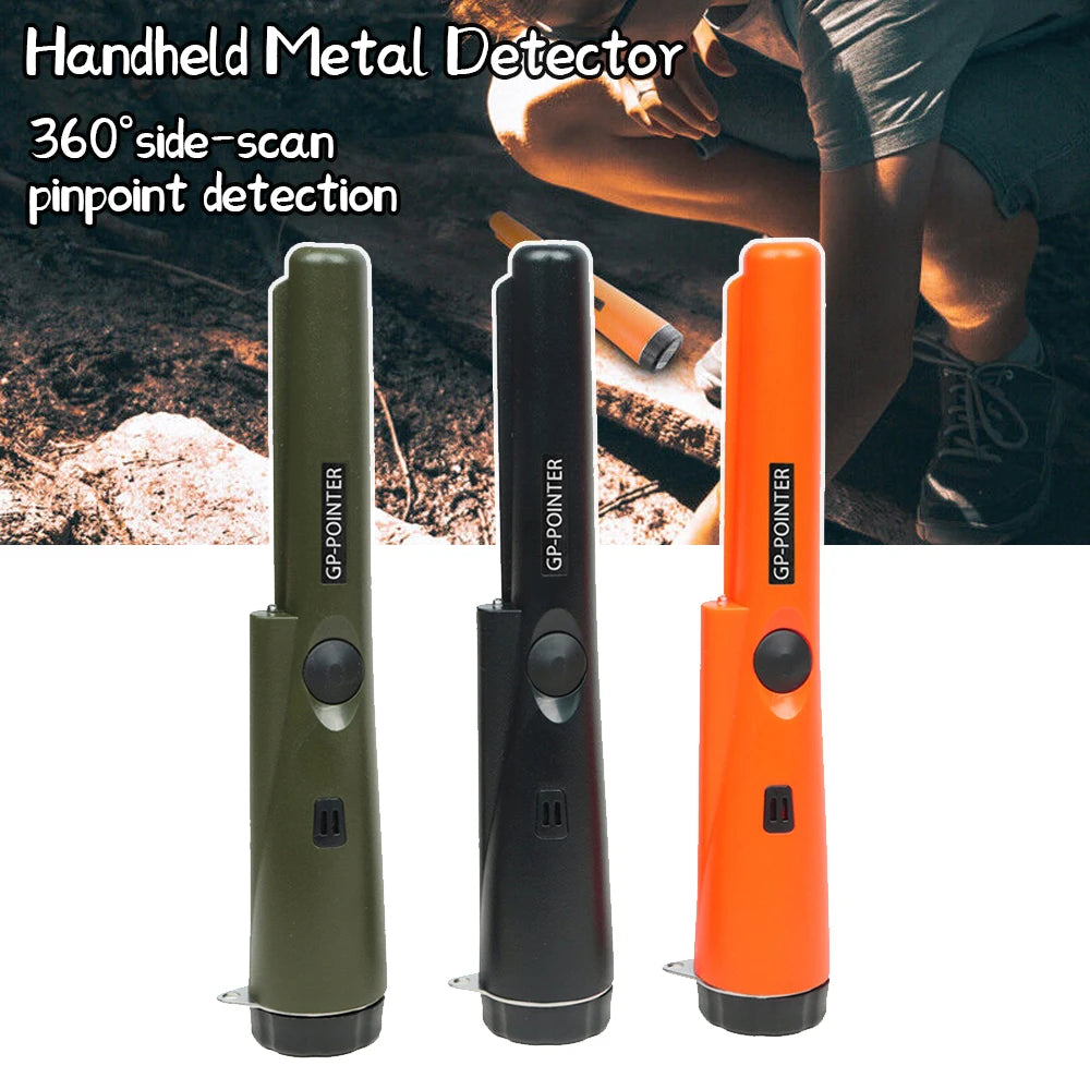 Three handheld metal detectors in olive green, black, and orange colors shown against a dark background.