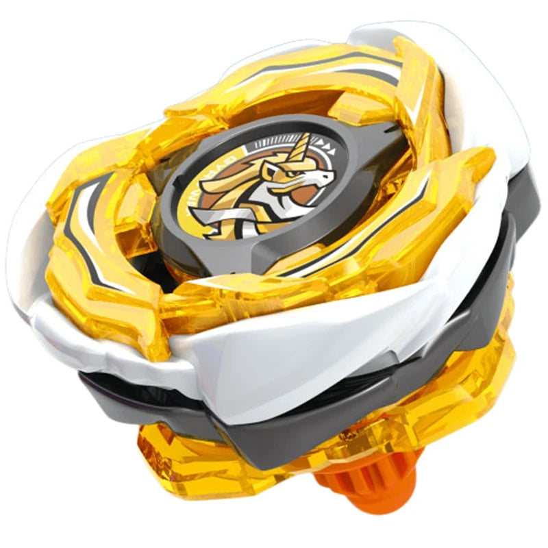 A precision metal spinning top featuring gold and white components with a stylized dragon design.