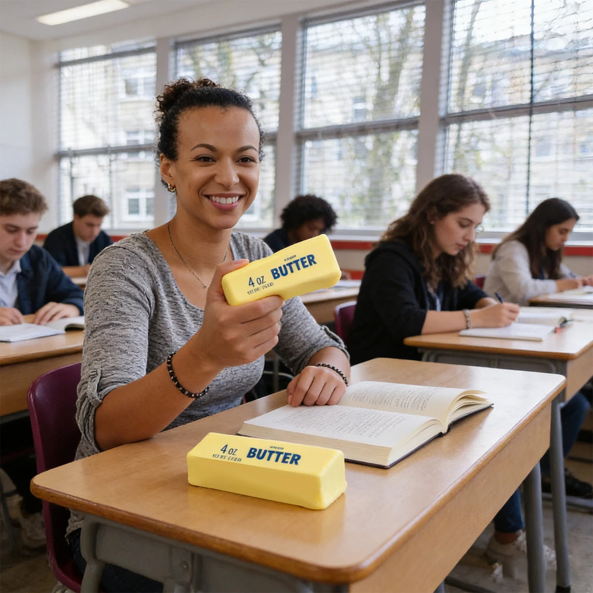 A woman holds a yellow butter squishy stress toy in front of an open book in a classroom setting.
