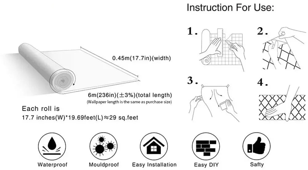 Instruction guide showing how to use a roll of self-adhesive pink marble wallpaper for furniture and countertops.