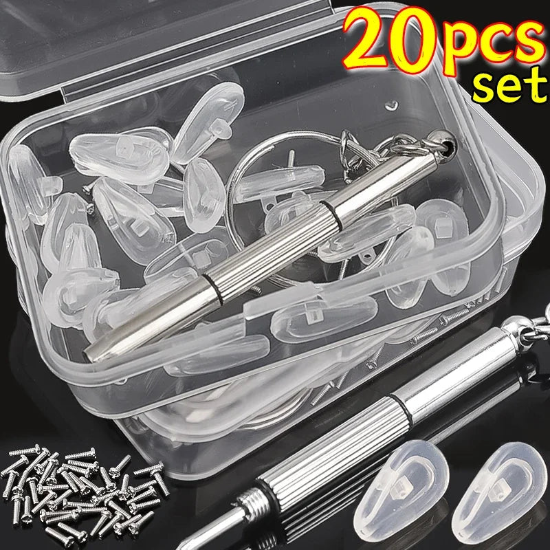 A set of 20 soft silicone air chamber nose pads with mini screwdrivers for glasses repair, shown in a clear plastic container
