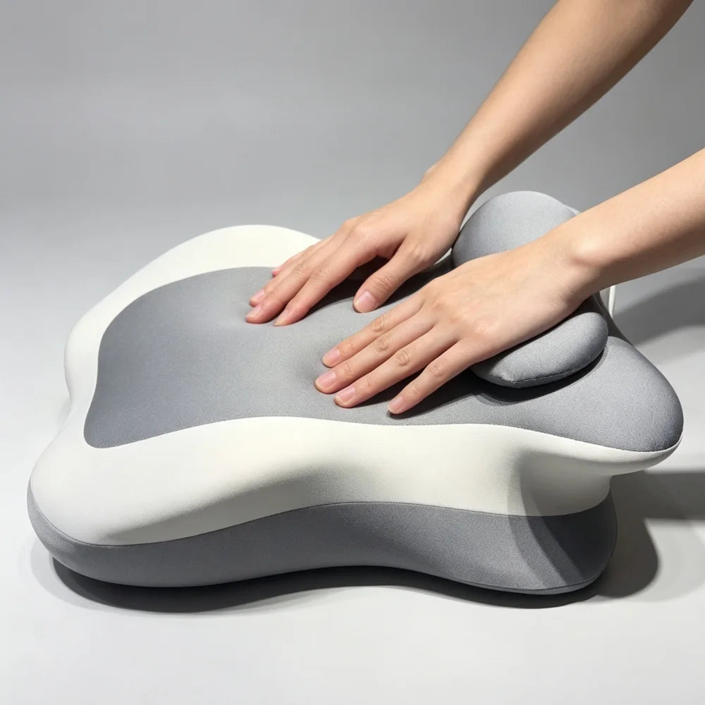 A hand is pressing a multi-positional memory foam body pillow with a removable cover, showing its soft, contoured shape.
